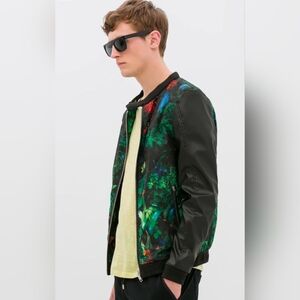 Zara Man Black And Tropical Print Bomber Jacket ~ Size Medium